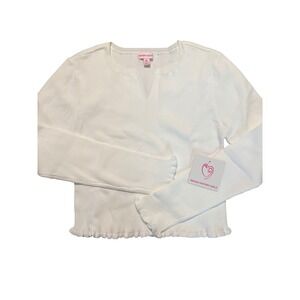 Design History Girls Ribbed Top Long‎ Sleeve Ruffle Trim White XL